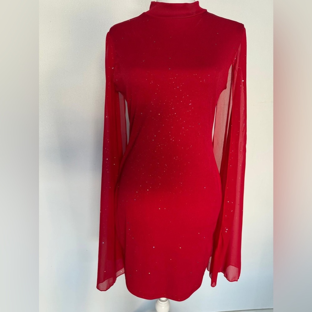 Red Sparkle Sheer Sleeve Women’s Dress